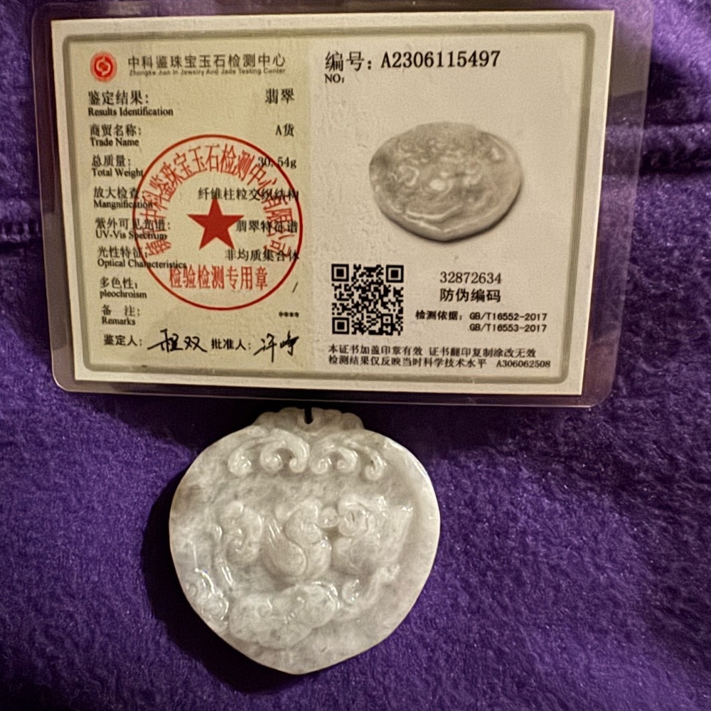 Certified rare jadeite love birds heart huge pendant light green white hue